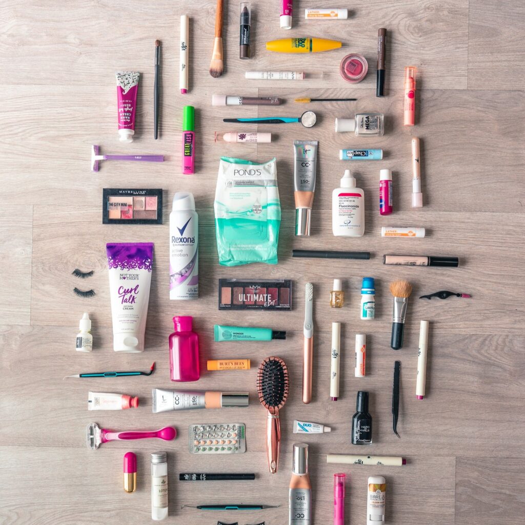 beauty products Hana Brannigan flat lay of beauty products