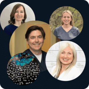 Collage of smiling diverse adults, conveying support and hope at a fertility clinic, on dark overlapping circles background.