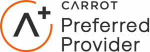 CARROT Fertility logo with "Preferred Provider," stylized A+ in orange circle, symbolizing trusted fertility insurance support.
